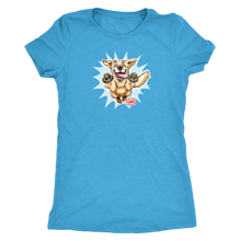 Load image into Gallery viewer, A women&#39;s light blue tee featuring the OMG You&#39;re Home! Golden Retriever design