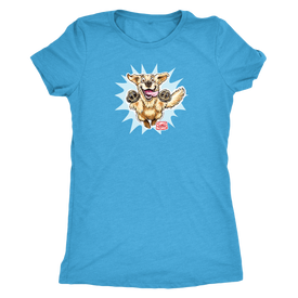 A women's light blue tee featuring the OMG You're Home! Golden Retriever design