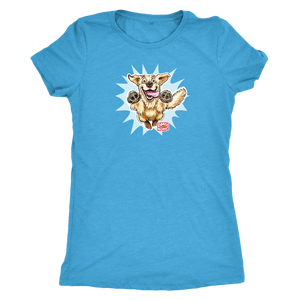 A women's light blue tee featuring the OMG You're Home! Golden Retriever design