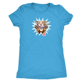 This sky blue dog lovers shirt for women features our Red Nose Pit Bull design on the front in full vibrant color