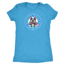 Load image into Gallery viewer, a woman&#39;s light blue t- shirt with the Boston Terrier dog Mom design on the front