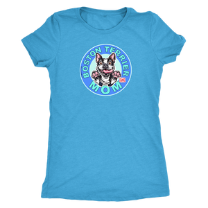 a woman's light blue t- shirt with the Boston Terrier dog Mom design on the front