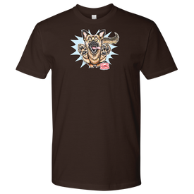 Front view of a men's tshirt with a happy German Shepherd