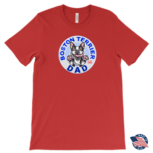 a men's red tee featuring the original Boston Terrier dog dad design on the front by OMG You're Home!