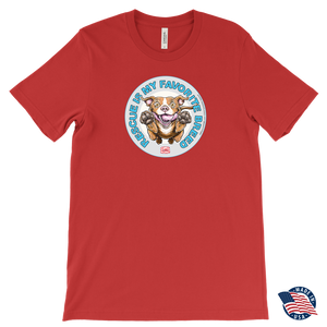 Front view of a mens red T-Shirt by Canvas featuring the original Red Nose Pitbull artwork by OMG You're Home! Part of the "Rescue is my favorite breed" collection.