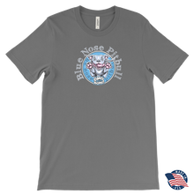 Load image into Gallery viewer, front view of a light grey men&#39;s tshirt  featuring the OMG blue nose pitbull  design on the front. Shirt made in the USA