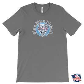 front view of a light grey men's tshirt  featuring the OMG blue nose pitbull  design on the front. Shirt made in the USA