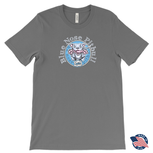 front view of a light grey men's tshirt  featuring the OMG blue nose pitbull  design on the front. Shirt made in the USA