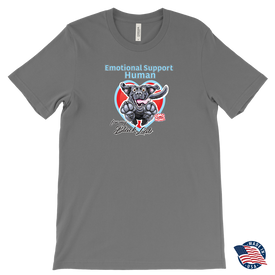 a grey Canvas brand made in the U.S.A. Mens T-Shirt for dog lovers featuring the Black Labrador Retriever in the Emotional Support Human collection