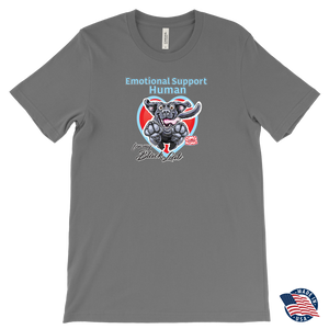 a grey Canvas brand made in the U.S.A. Mens T-Shirt for dog lovers featuring the Black Labrador Retriever in the Emotional Support Human collection