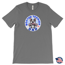 Load image into Gallery viewer, a men&#39;s grey tee featuring the original Boston Terrier dog dad design on the front by OMG You&#39;re Home! Shirt made in the USA