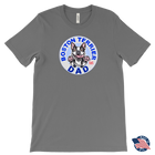 a men's grey tee featuring the original Boston Terrier dog dad design on the front by OMG You're Home! Shirt made in the USA
