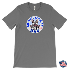 a men's grey tee featuring the original Boston Terrier dog dad design on the front by OMG You're Home! Shirt made in the USA