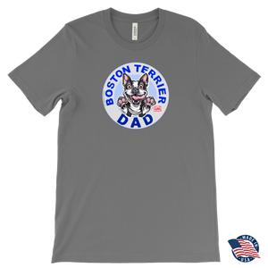 a men's grey tee featuring the original Boston Terrier dog dad design on the front by OMG You're Home! Shirt made in the USA