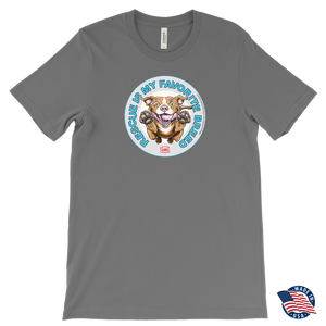 Front view of a mens grey T-Shirt by Canvas featuring the original Red Nose Pitbull artwork by OMG You're Home! Part of the "Rescue is my favorite breed" collection.