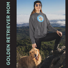 Load image into Gallery viewer, a woman with her golden retrieve dog standing on a mountain cliff 