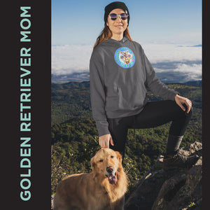 a woman with her golden retrieve dog standing on a mountain cliff 