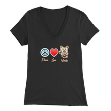 Load image into Gallery viewer, dark grey Bella Womens V-Neck Shirt featuring the Peace Love Yorkie dog design from OMG You&#39;re HOME!