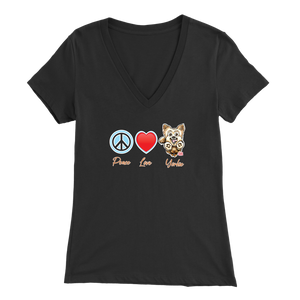 dark grey Bella Womens V-Neck Shirt featuring the Peace Love Yorkie dog design from OMG You're HOME!