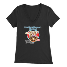 Load image into Gallery viewer, Bella Womens black V-Neck. This comfortable shirt features the OMG You&#39;re Home German Shepherd dog design with the text &quot;Emotional Support Human&quot;. 