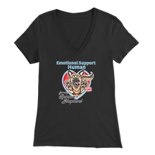 Load image into Gallery viewer, A woman&#39;s black v-neck shirt featuring the OMG You&#39;re Home! German Shepherd dog design with the text &quot;Emotional Support Human&quot;.