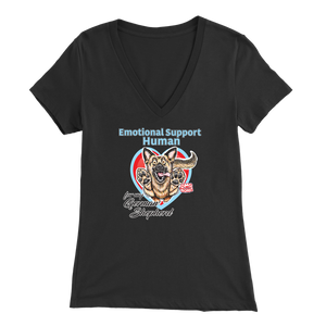 A woman's black v-neck shirt featuring the OMG You're Home! German Shepherd dog design with the text "Emotional Support Human".