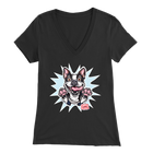 a womens black v-neck shirt with the Boston Terrier dog design by OMG You're Home! on the front