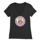 a women's black v-neck shirt with the OMG You're Home! Yellow Labrador dog mom design on the front