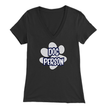 Load image into Gallery viewer, dog person design on a black v-neck t-shirt for women dog lovers