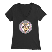 Load image into Gallery viewer, a womens black v-neck shirt featuring the original Golden Retriever dog artwork by OMG You&#39;re Home!