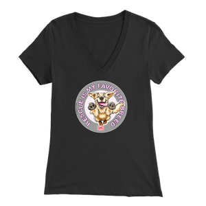 a womens black v-neck shirt featuring the original Golden Retriever dog artwork by OMG You're Home!