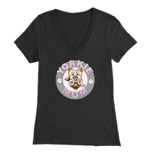 Load image into Gallery viewer, a women&#39;s black v-neck shirt with the OMG You&#39;re Home! Yorkie dog mom design on the front