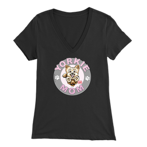 a women's black v-neck shirt with the OMG You're Home! Yorkie dog mom design on the front