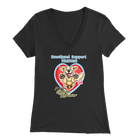 a womens black soft v-neck shirt with the OMG You're Home! Golden Retriever dog design on the front