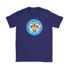 a women's purple tshirt featuring the OMG You're Home! Golden Retriever dog artwork on the front