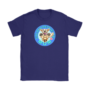 a women's purple tshirt featuring the OMG You're Home! Golden Retriever dog artwork on the front