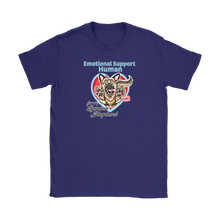 Load image into Gallery viewer, a blue Gildan Womens T-Shirt for dog lovers featuring the German Shepherd design in the Emotional Support Human collection