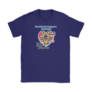 a blue Gildan Womens T-Shirt for dog lovers featuring the German Shepherd design in the Emotional Support Human collection