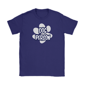 a women's blue shirt for dog lovers featuring the DOG PERSON design on the front