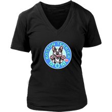 Load image into Gallery viewer, A women&#39;s black v-neck shirt from OMG You&#39;re Home! with the Boston Terrier dog Mom design on the front in blue letters