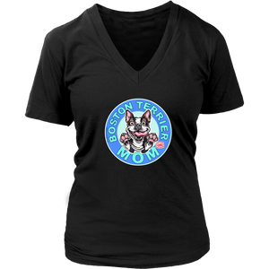 A women's black v-neck shirt from OMG You're Home! with the Boston Terrier dog Mom design on the front in blue letters