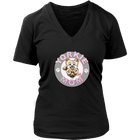 a women's black v-neck shirt with the OMG You're Home! Yorkie dog mom design on the front with pink letters