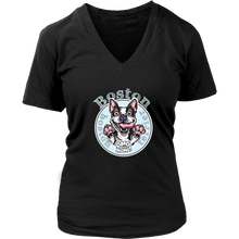 Load image into Gallery viewer, a black v neck tee with the OMG Boston Terrier dog design on the front