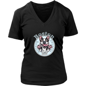 a black v neck tee with the OMG Boston Terrier dog design on the front