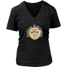 Load image into Gallery viewer, a womens black v neck shirt with a golden retriever design on the front