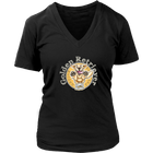a womens black v neck shirt with a golden retriever design on the front