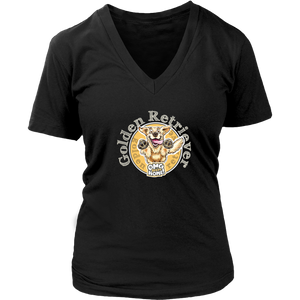 a womens black v neck shirt with a golden retriever design on the front