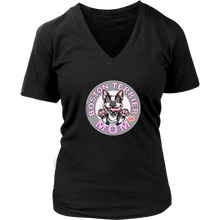 Load image into Gallery viewer, A women&#39;s black v-neck shirt from OMG You&#39;re Home! with the Boston Terrier dog Mom design on the front in pink letters