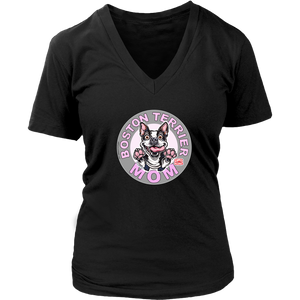 A women's black v-neck shirt from OMG You're Home! with the Boston Terrier dog Mom design on the front in pink letters