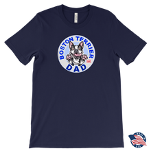 Load image into Gallery viewer, a men&#39;s navy blue tee featuring the original Boston Terrier dog dad design on the front by OMG You&#39;re Home!